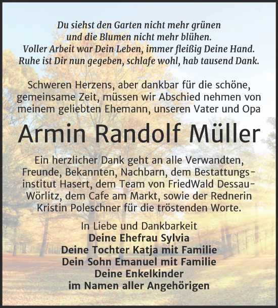 Traueranzeige von Armin Randolf Müller von Trauerkombi Wittenberg
