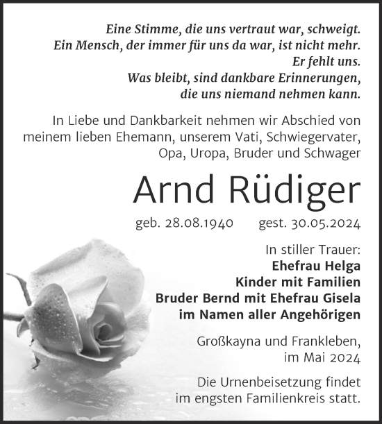 Traueranzeige von Arnd Rüdiger von Trauerkombi Merseburg