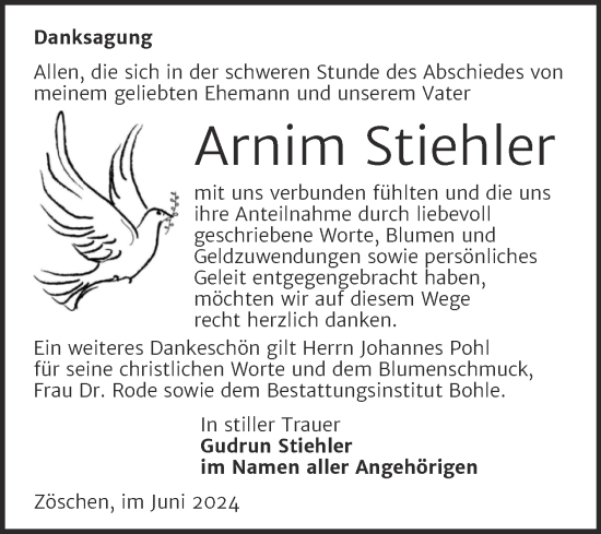 Traueranzeige von Arnim Stiehler von Trauerkombi Merseburg