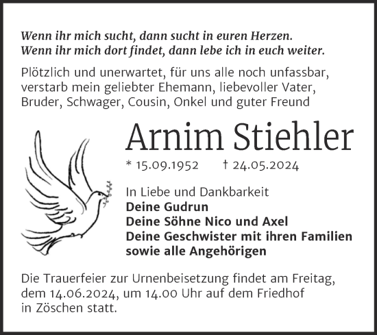 Traueranzeige von Arnim Stiehler von Trauerkombi Merseburg