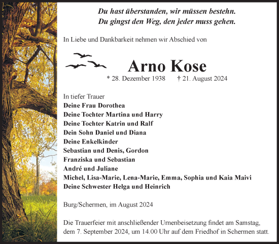 Traueranzeige von Arno Kose von Volksstimme Burg/Genthin