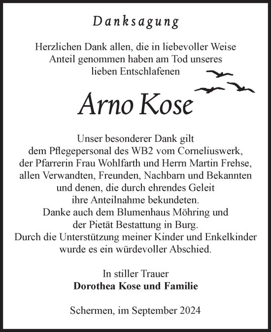Traueranzeige von Arno Kose von Volksstimme Burg/Genthin