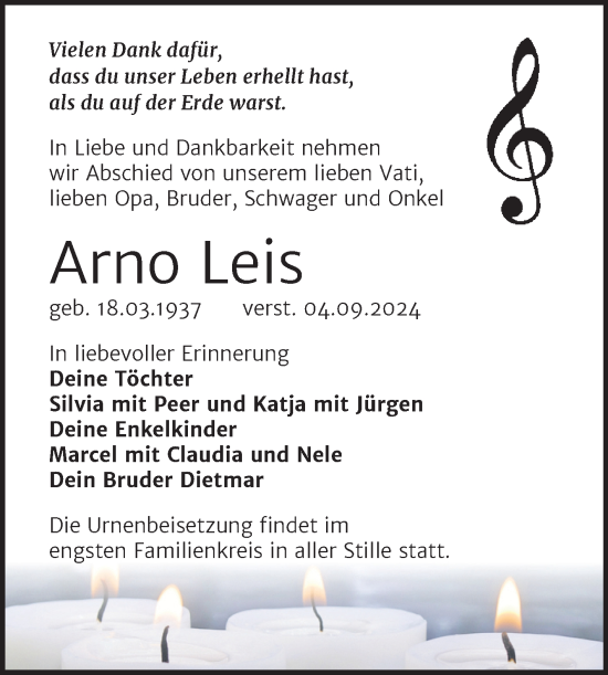 Traueranzeige von Arno Leis von Trauerkombi Köthen