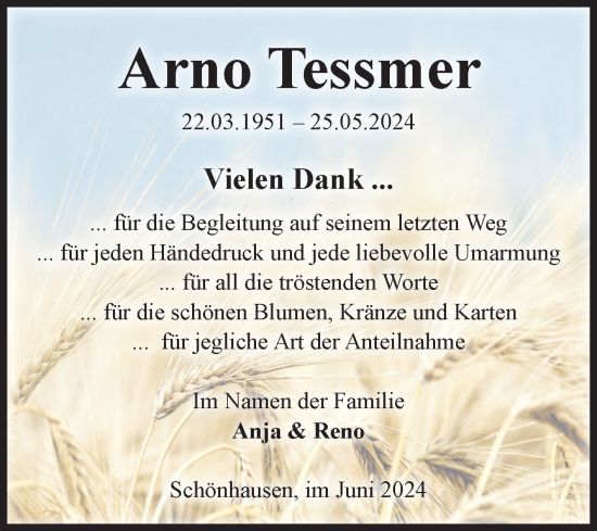 Traueranzeige von Arno Tessmer von Volksstimme Altmark Ost