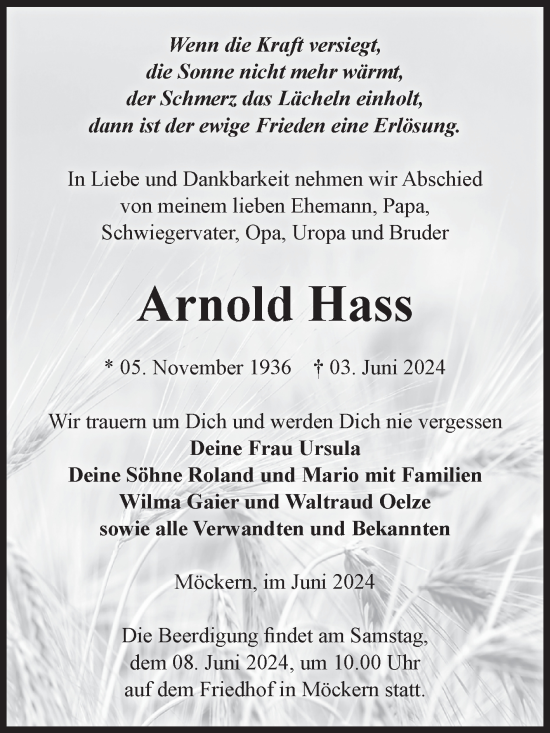 Traueranzeige von Arnold Hass von Volksstimme Burg/Genthin