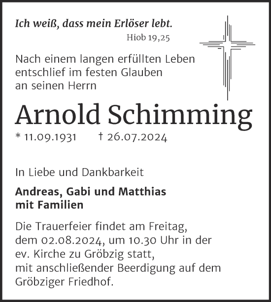 Traueranzeige von Arnold Schimming von Mitteldeutsche Zeitung Köthen
