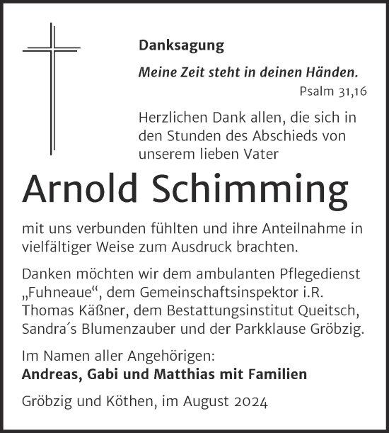 Traueranzeige von Arnold Schimming von Trauerkombi Köthen