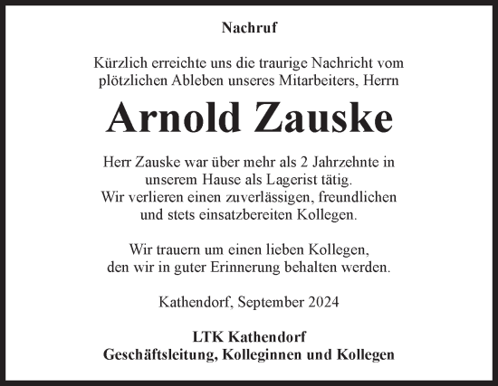 Traueranzeige von Arnold Zauske von Volksstimme Haldensleben/Wolmirstedt