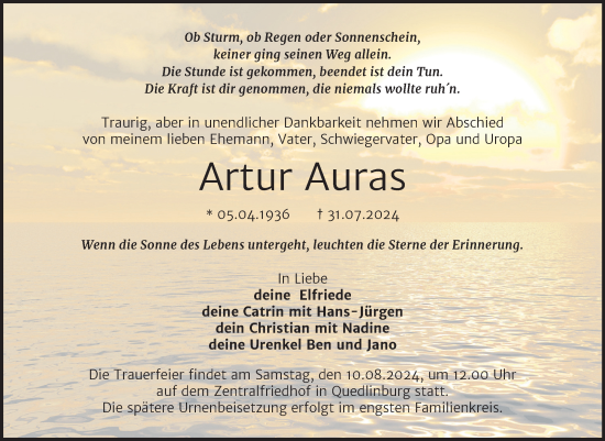 Traueranzeige von Artur Auras von Trauerkombi Quedlinburg
