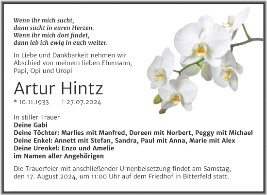 Traueranzeige von Artur Hintz von Trauerkombi Bitterfeld
