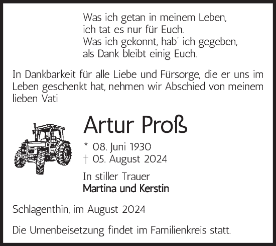 Traueranzeige von Artur Proß von Volksstimme Burg/Genthin