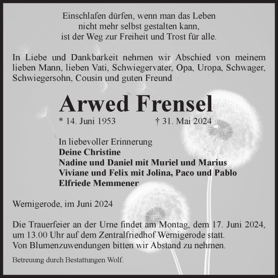 Traueranzeige von Arwed Frensel von Volksstimme Wernigerode