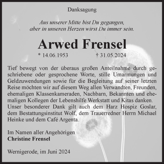 Traueranzeige von Arwed Frensel von Volksstimme Wernigerode
