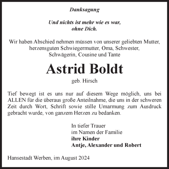 Traueranzeige von Astrid Boldt von Volksstimme Altmark Ost
