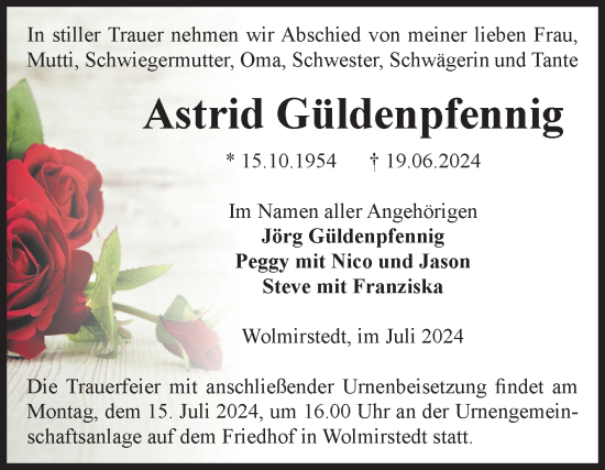 Traueranzeige von Astrid Güldenpfennig von Volksstimme Haldensleben/Wolmirstedt