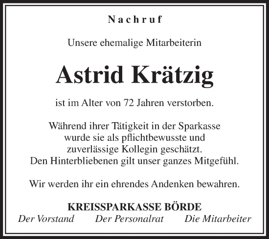 Traueranzeige von Astrid Krätzig von Volksstimme Oschersleben/Wanzleben
