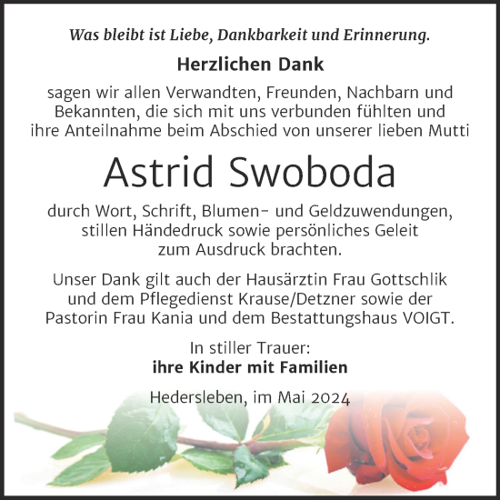 Traueranzeige von Astrid Swoboda von Trauerkombi Mansfelder Land