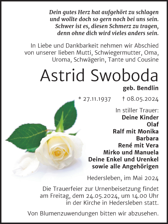 Traueranzeige von Astrid Swoboda von Trauerkombi Mansfelder Land