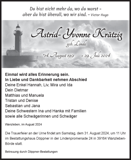 Traueranzeige von Astrid- Yvonne Krätzig von Volksstimme Oschersleben/Wanzleben