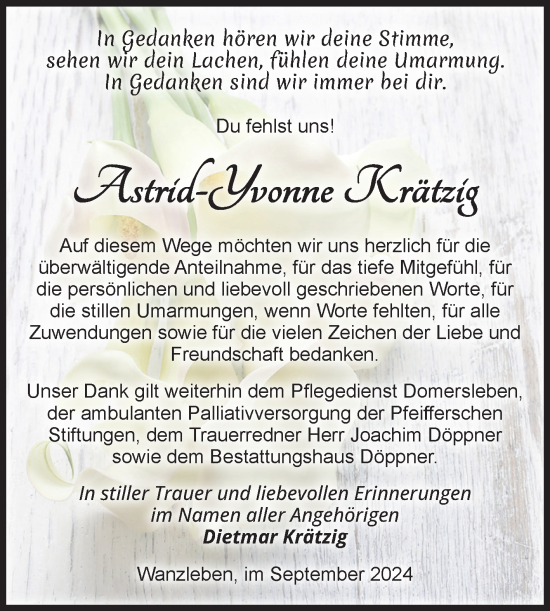 Traueranzeige von Astrid-Yvonne Krätzig von Volksstimme Oschersleben/Wanzleben