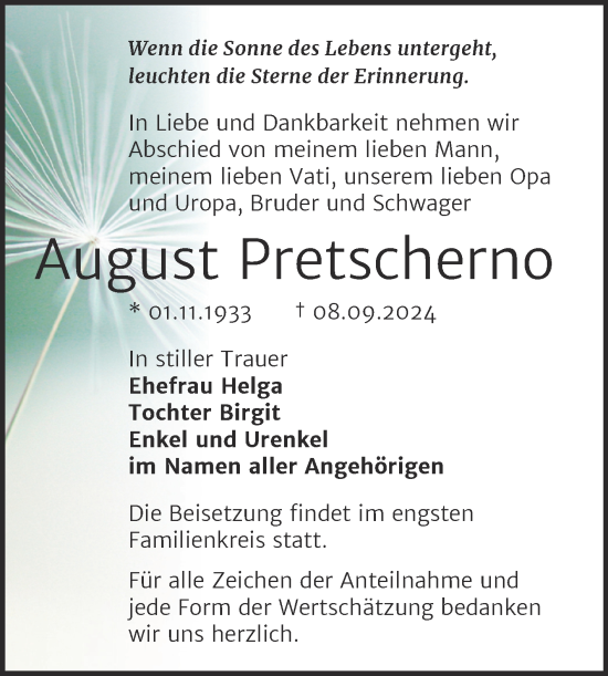 Traueranzeige von August Pretscherno von Trauerkombi Merseburg