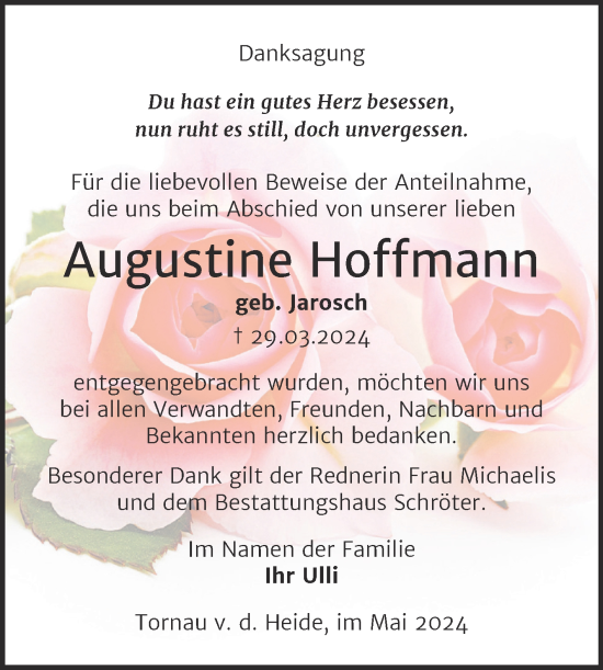 Traueranzeige von Augustine Hoffmann von Trauerkombi Bitterfeld