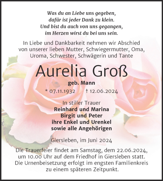 Traueranzeige von Aurelia Groß von Mitteldeutsche Zeitung Aschersleben