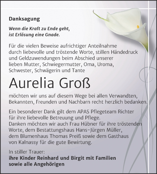 Traueranzeige von Aurelia Groß von Trauerkombi Aschersleben