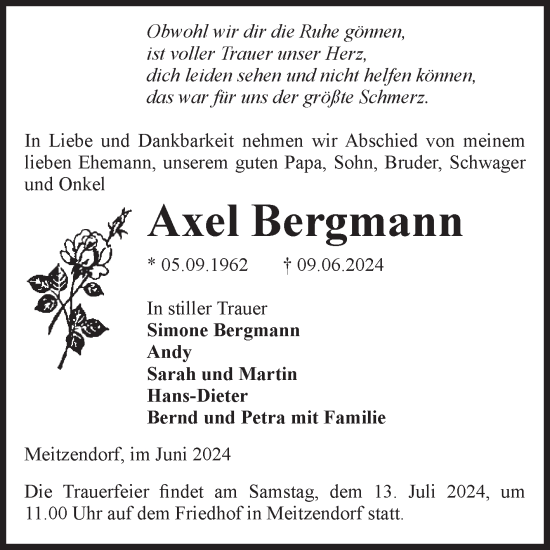 Traueranzeige von Axel Bergmann von Volksstimme Haldensleben/Wolmirstedt