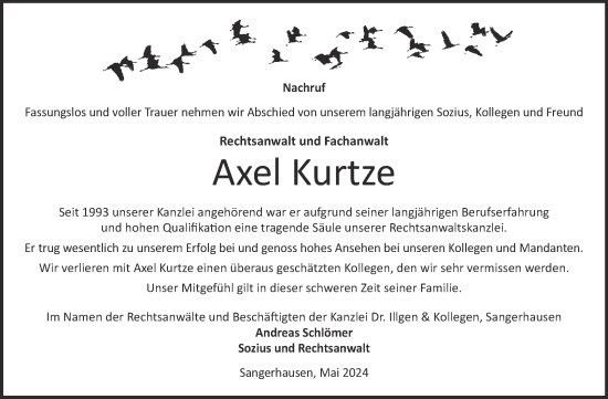 Traueranzeige von Axel Kurtze von Mitteldeutsche Zeitung Sangerhausen