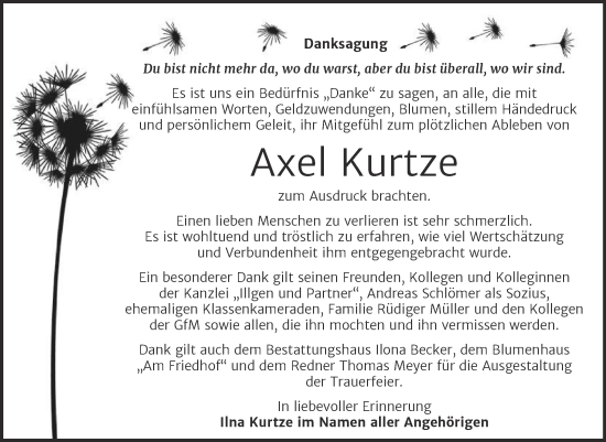 Traueranzeige von Axel Kurtze von Trauerkombi Sangerhausen
