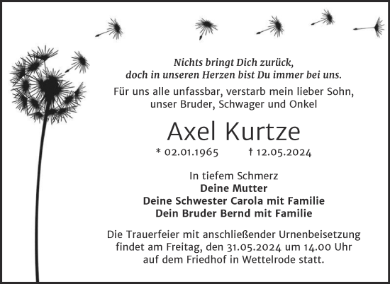 Traueranzeige von Axel Kurtze von Trauerkombi Sangerhausen