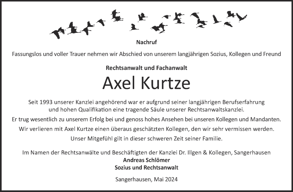  Traueranzeige für Axel Kurtze vom 24.05.2024 aus Mitteldeutsche Zeitung Sangerhausen