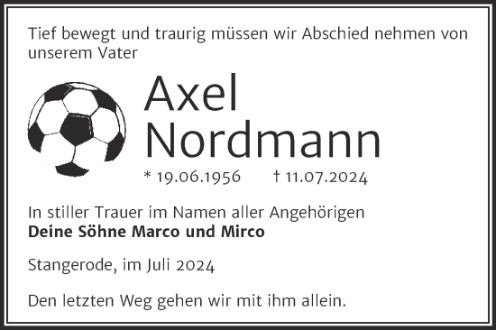 Traueranzeige von Axel Nordmann von Trauerkombi Aschersleben