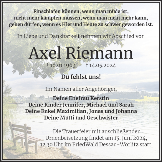 Traueranzeige von Axel Riemann von Trauerkombi Dessau
