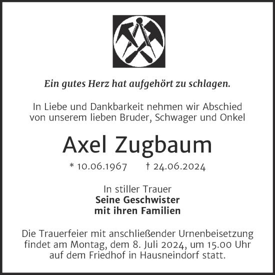 Traueranzeige von Axel Zugbaum von Trauerkombi Quedlinburg