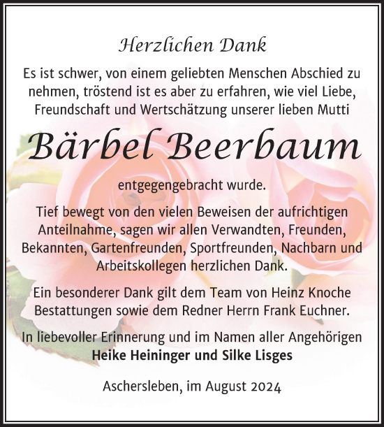Traueranzeige von Bärbel Beerbaum von Trauerkombi Aschersleben