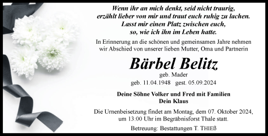 Traueranzeige von Bärbel Belitz von Trauerkombi Quedlinburg