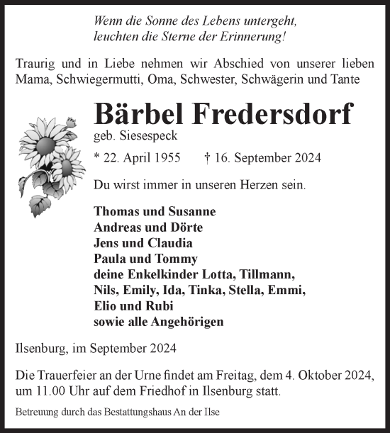 Traueranzeige von Bärbel Fredersdorf von Volksstimme Wernigerode