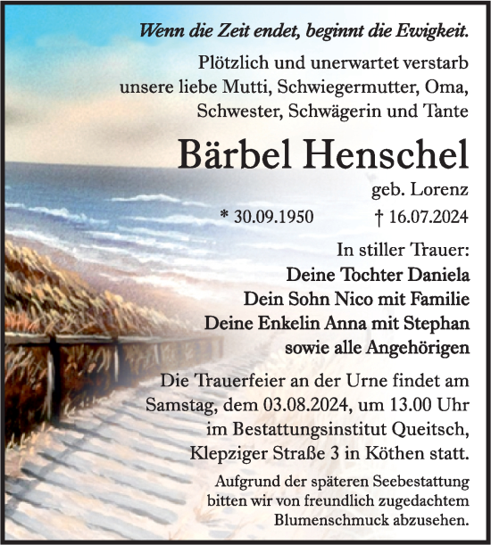 Traueranzeige von Bärbel Henschel von Trauerkombi Köthen
