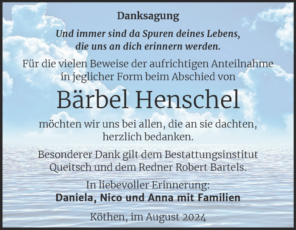  Traueranzeige für Bärbel Henschel vom 16.08.2024 aus Trauerkombi Köthen
