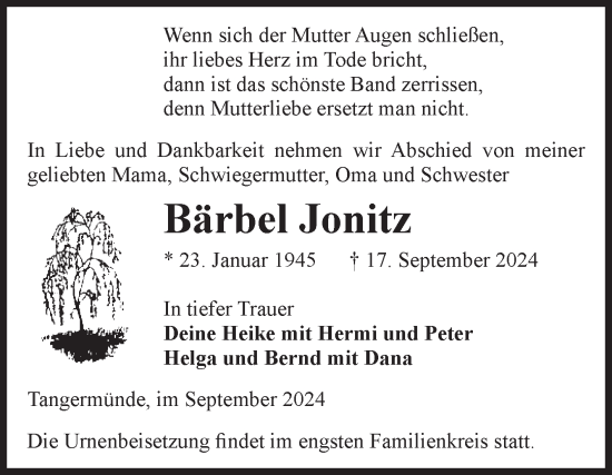 Traueranzeige von Bärbel Jonitz von Volksstimme Altmark Ost