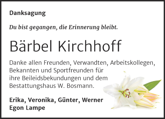 Traueranzeige von Bärbel Kirchhoff von Trauerkombi Bernburg