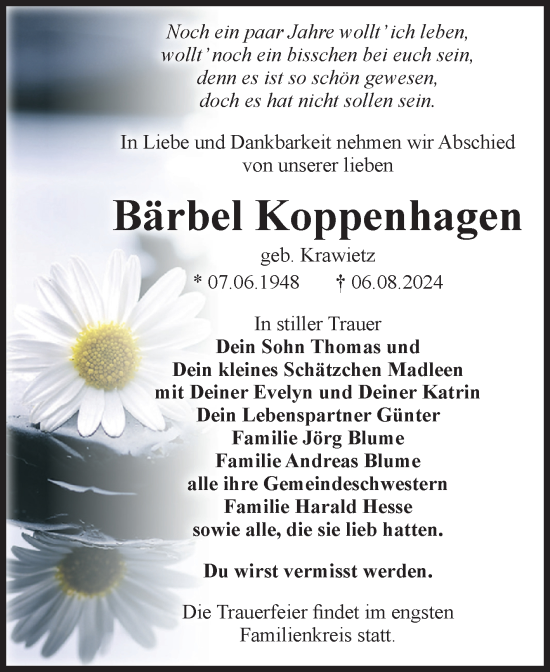 Traueranzeige von Bärbel Koppenhagen von Volksstimme Zerbst