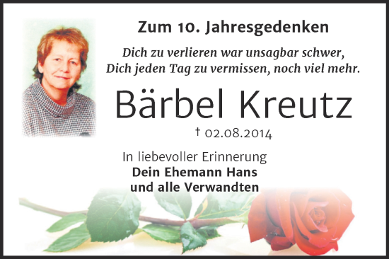Traueranzeige von Bärbel Kreutz von Trauerkombi Wittenberg