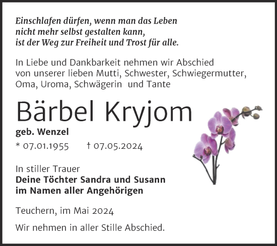 Traueranzeige von Bärbel Kryjom von Trauerkombi Weißenfels