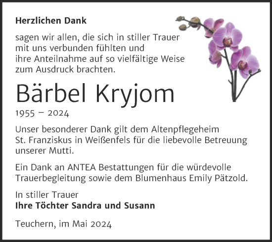 Traueranzeige von Bärbel Kryjom von Trauerkombi Weißenfels