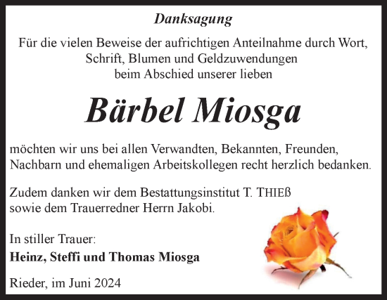 Traueranzeige von Bärbel Miosga von Trauerkombi Quedlinburg