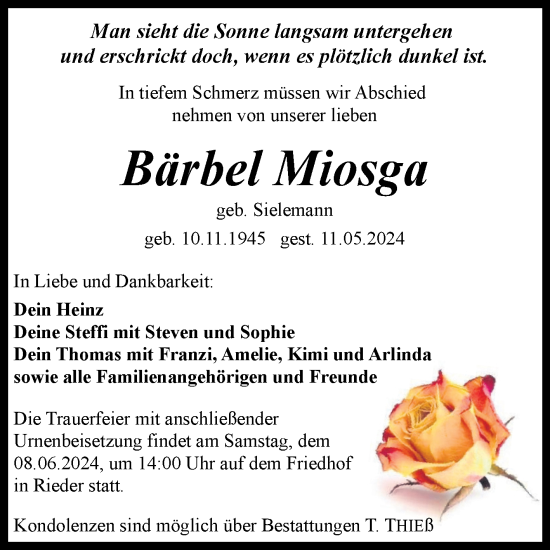 Traueranzeige von Bärbel Miosga von Trauerkombi Quedlinburg
