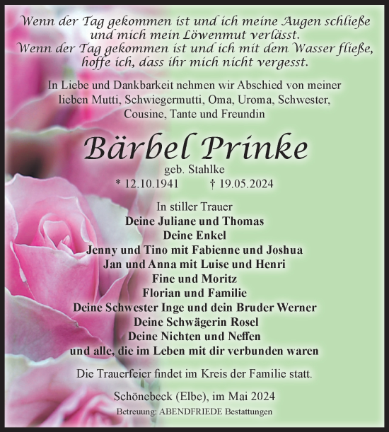 Traueranzeige von Bärbel Prinke von Volksstimme Schönebeck